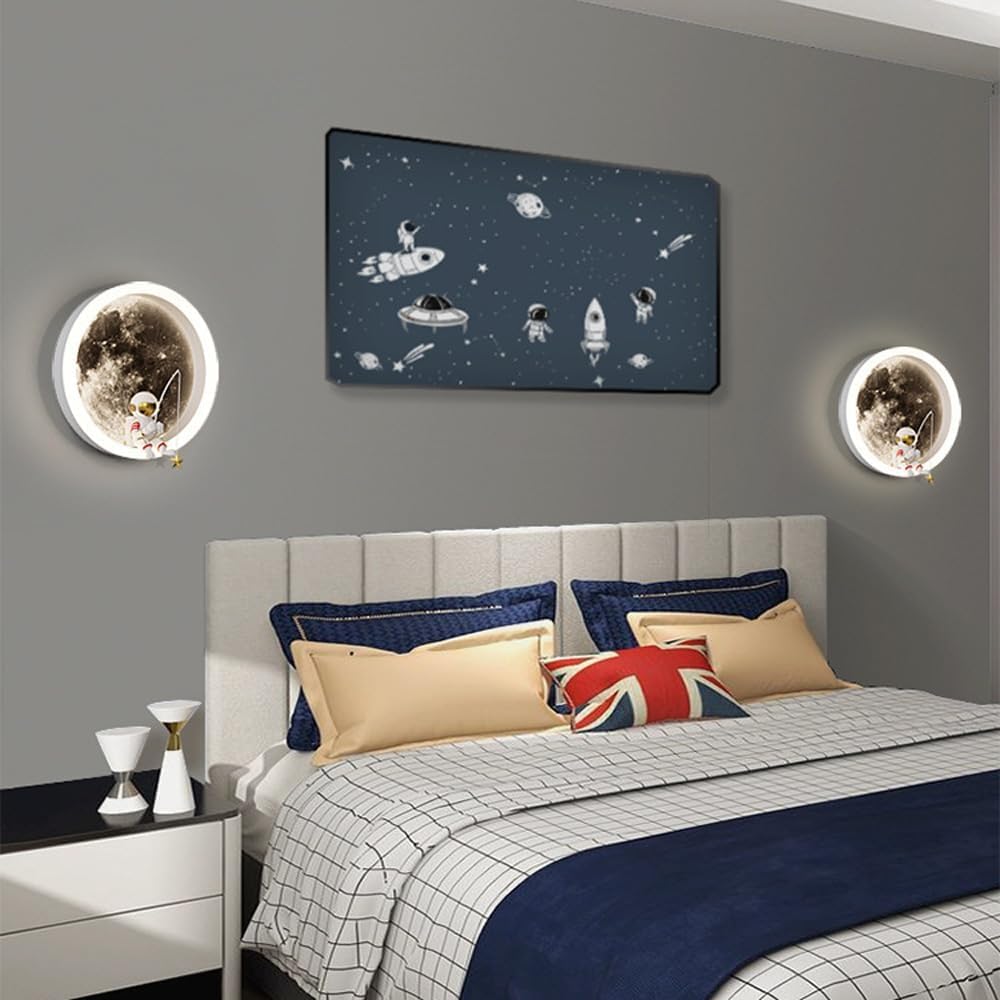 Lampa ścienna LED 3D z motywem astronauta, planety i księżyca, dekoracyjna lampa do pokoju dziecięcego (biała)