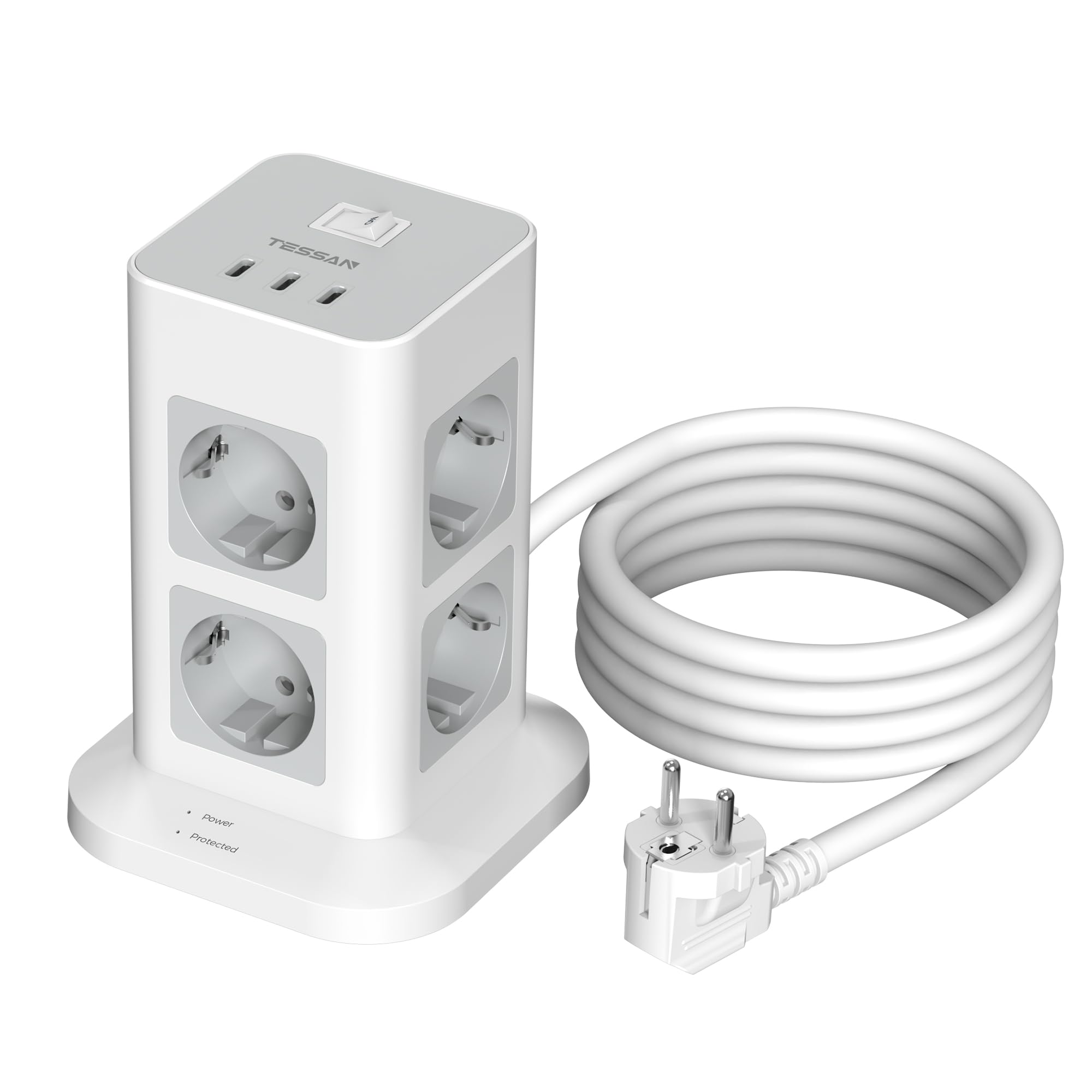 TESSAN 8 Prese Ciabatta Multipresa con 3 USB C, Ciabatta Elettrica con Protezione da Sovratensione 1700J, Ciabatta Elettrica con Interruttore, Multipresa da Scrivania 16A con Prolunga 2M, 3600W