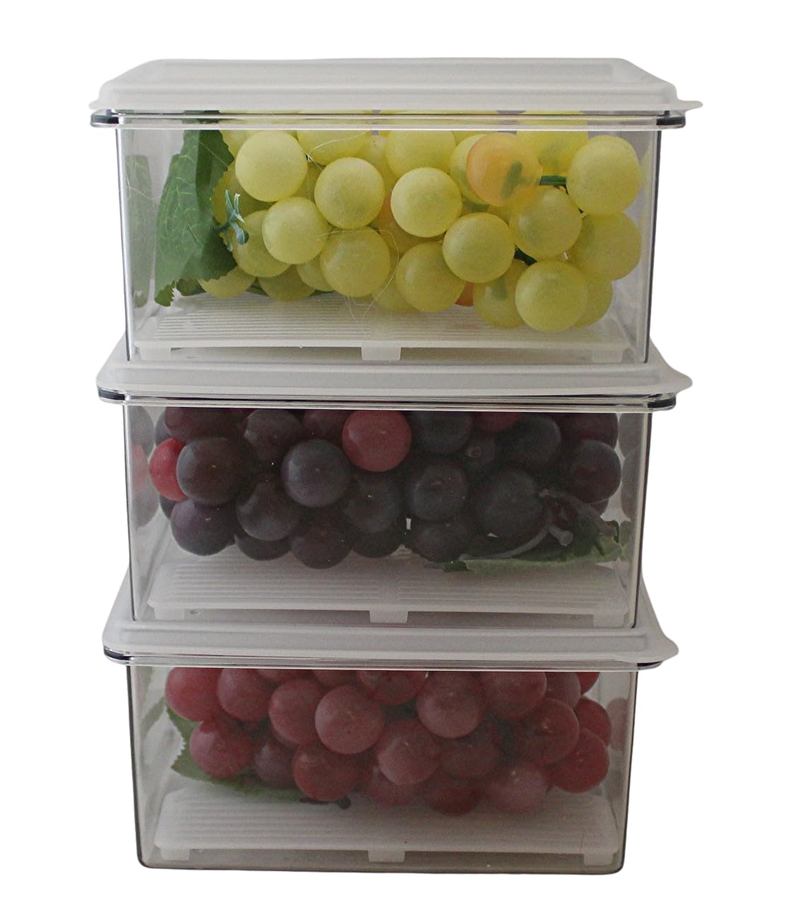 Dependable Industries inc. Essentials 3 recipientes herméticos de almacenamiento de alimentos de 1,4 L con bandeja de drenaje extraíble, sin BPA, organizador apilable para frutas, verduras, carnes y