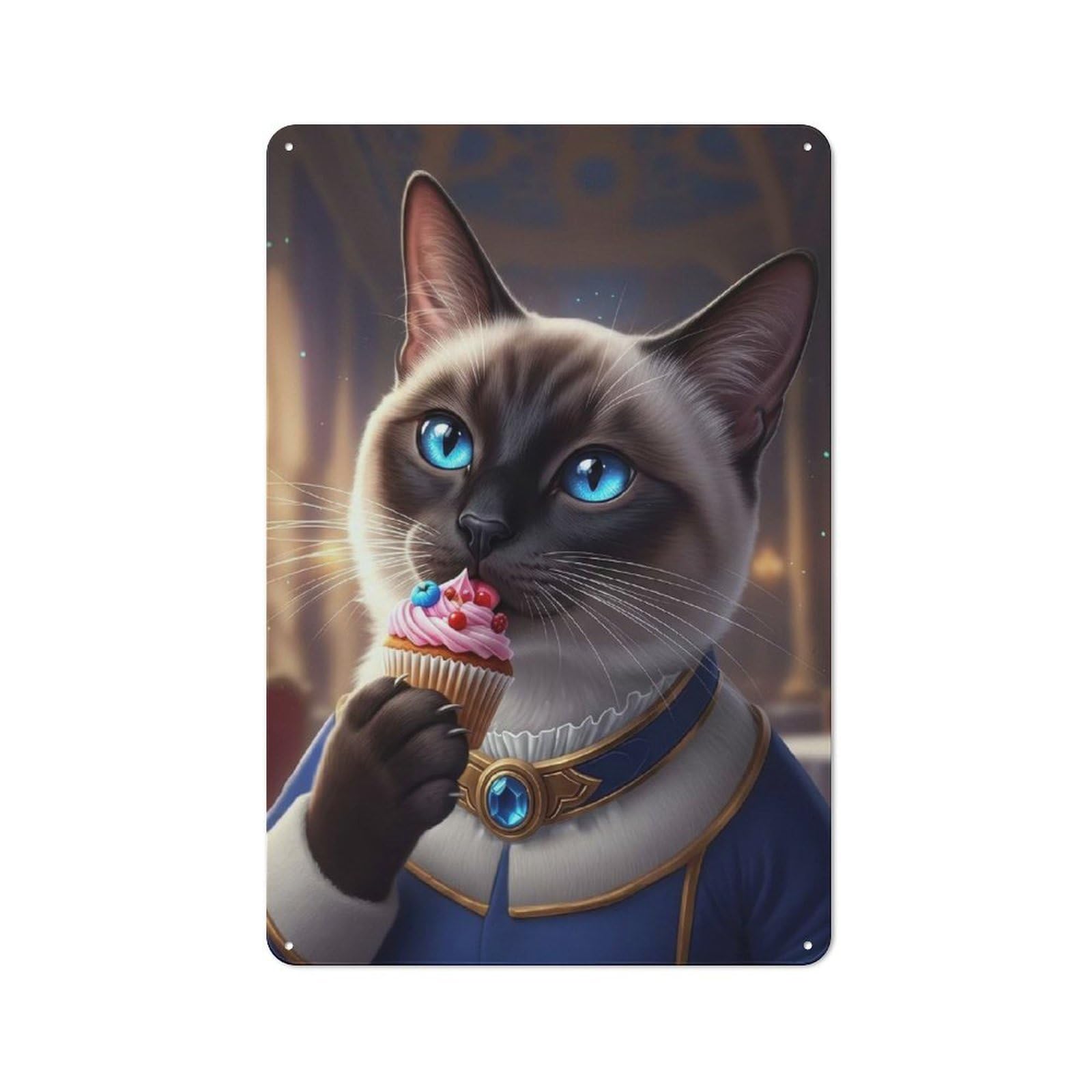 Junmoney Style-11 Tin Sign 30X20cm With Siamese Cat With Cupcake For Workshop Wall, Rustic Decor, Suited To Workshop Decor Fans