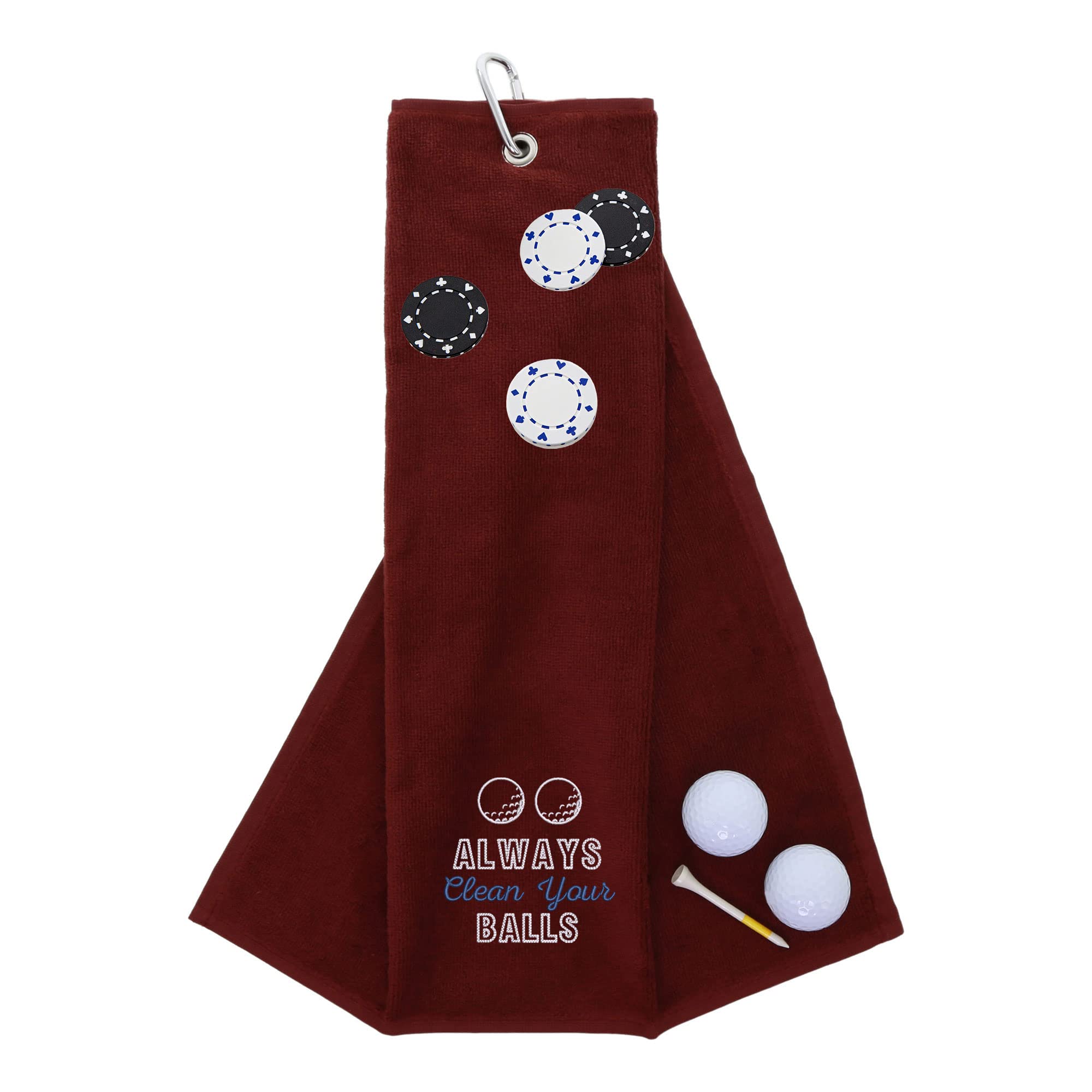 Funny Trifold Golf Towel and Poker Chip Marker Set Gift for Men, Carabiner Clip for Golf Bags, Clean Your Balls, Wine