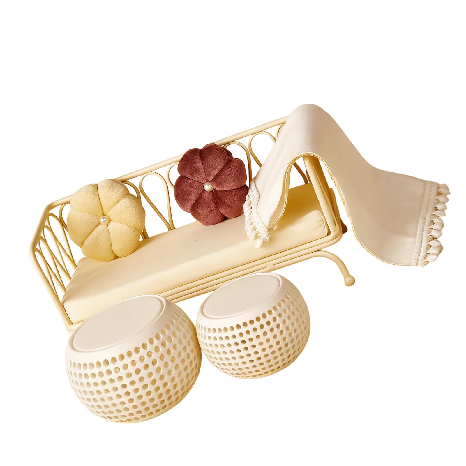 Set divani in miniatura 1/12 con tappeto con, White Set | Cuscino in tessuto con base in metallo per lo sviluppo ' immaginazione dei bambini con display del cuscino