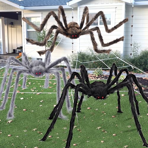 Image of JOYIN 3 Pcs Halloween Spiders Outdoor Decoration, Halloween Decor Outside, Fake Hairy Giant Spiders for Yard Lawn Porch Decor Indoor Haunted House Scary Prop (59″Black, 47″ Brown, 35″ Grey)