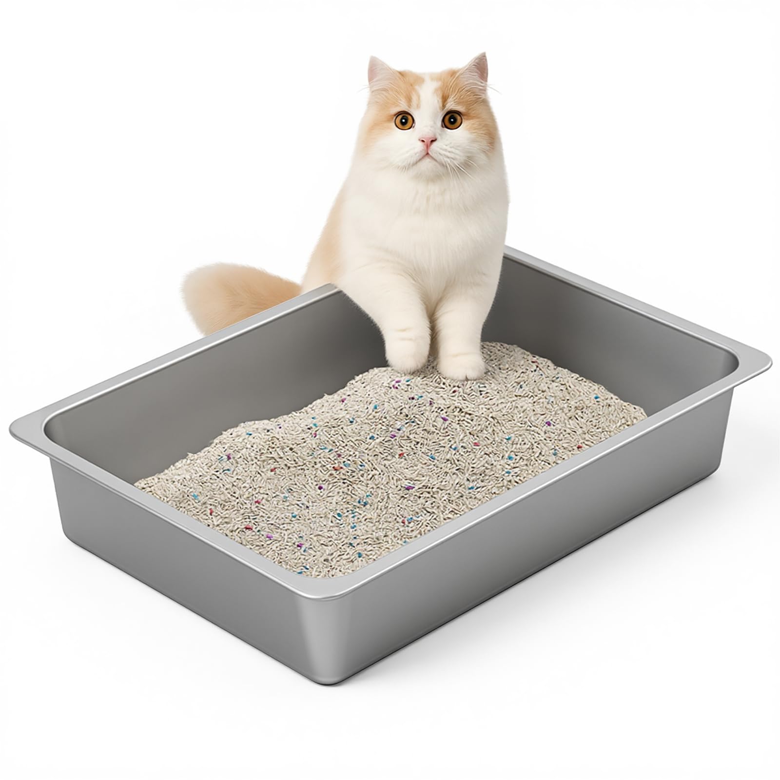 Kirecoo Stainless Steel Litter Box, Large Low Entry Metal Cat Pan Box, Indoor Litter Tray, Non Stick, No Smell, Easy to Clean, Pet Toilet Supplies for Cats