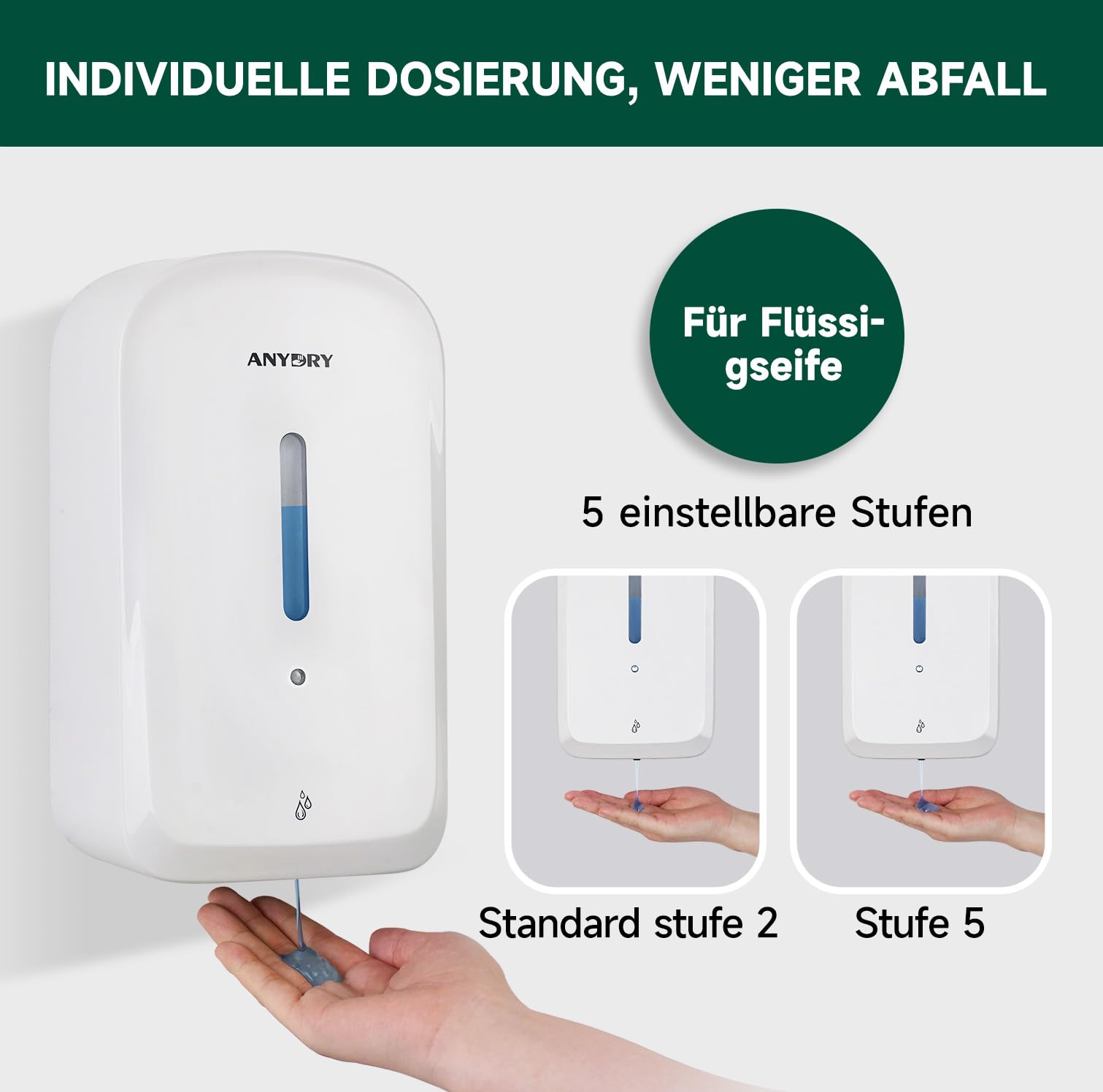 anydry Kommerzieller automatischer Seifenspender mit 1000 ml Fassungsvermögen, Wandmontage, berührungslose Flüssigseifen-Ausgabe für stark frequentierte Toiletten, Modell 1220S Weiß