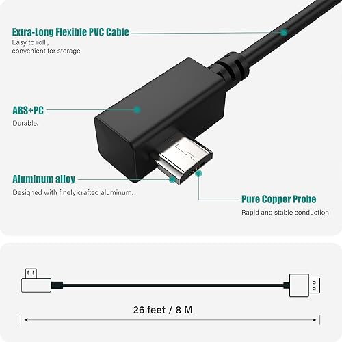 Miniatura 3 de TUSITA Cable de alimentación extralargo (26 pies 26.2 ft), compatible con Garmin Dash Cam Mini 2, tándem