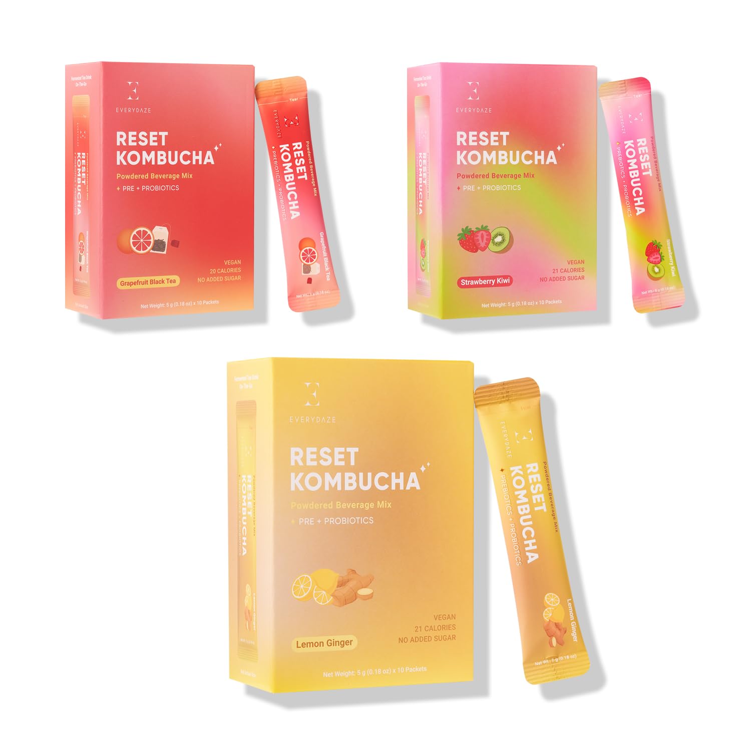 EVERYDAZE Reset Kombucha Tea Powdered Beverage Mix | 30 Pack (3 x 10ct) | Prebiotics + Probiotics | Vegan | No Added Sugar, Low Calorie, Gluten-Free, Sparkling Powder Drink (Strawberry Kiwi, Grapefruit Black Tea, Lemon Ginger)