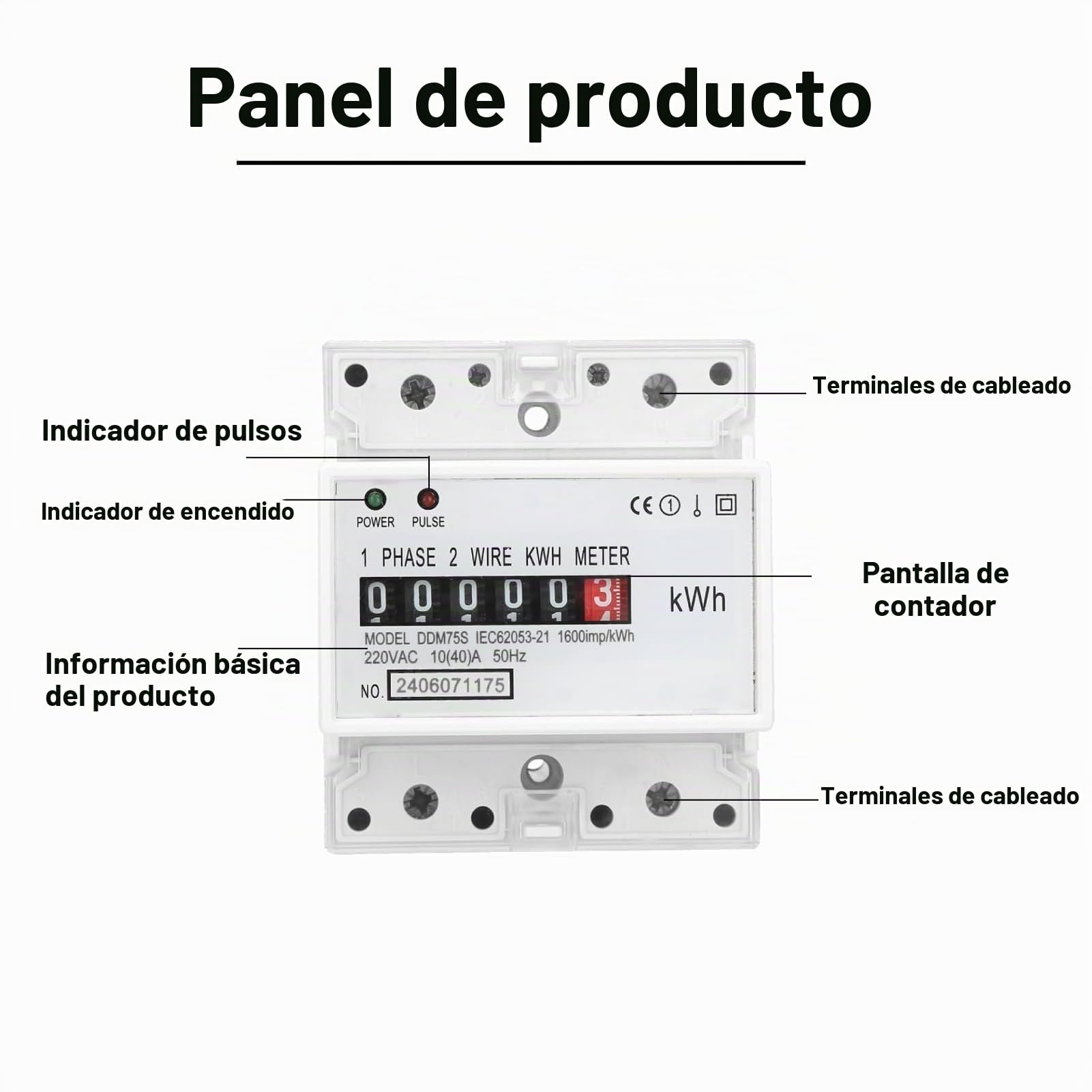 Medidor de Energía Monofásico Kwh 10-40A para Rail DIN con Pantalla LED DDM75S para Medir el Consumo Eléctrico en Hogares y Negocios