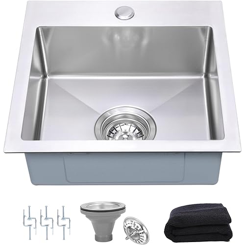 15 Inch Drop In Bar Sink，18-Gauge Small Kitchen Sink Stainless Steel with 3D Embossed Texture，Single Bowl Square Design