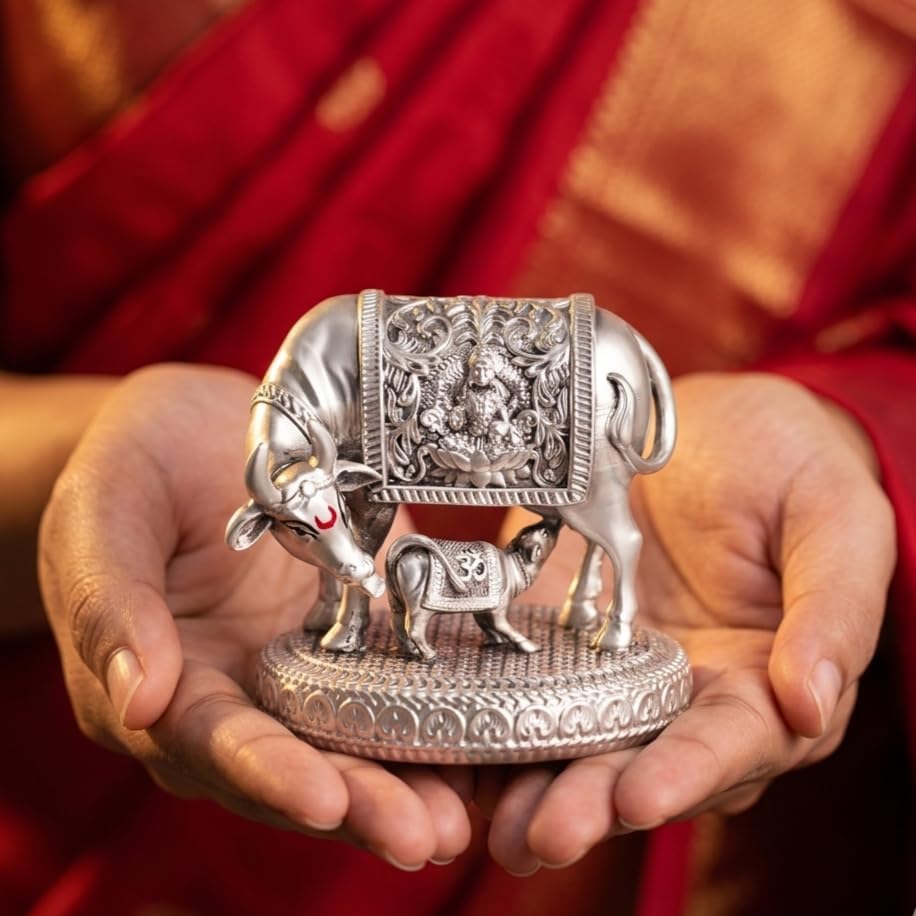 Image of ARNAVIRA 999 Silver Plated Antique Vastu Kamdhenu Cow with Calf Idol with Lakshmi Remedy for Wedding & Housewarming Gift | Pooja Room Height 4.5 Inch (Silver Antique, Large, Kamdhenu Cow 01)