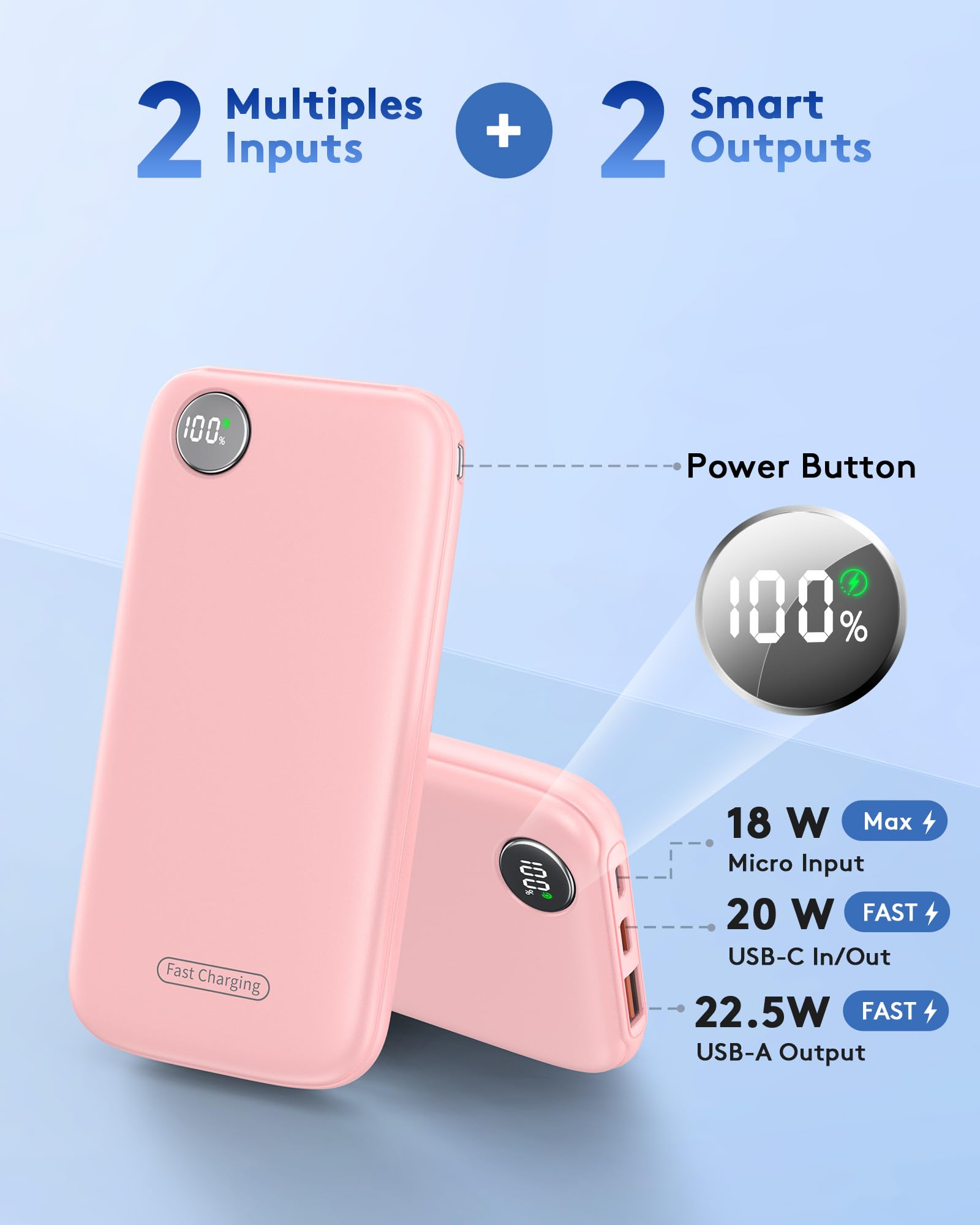 Power Bank, 22.5W 10000mAh Ricarica Rapida Caricatore Portatile iphone, QC 3.0 USB C Powerbank Potente, Batteria Esterna Display LED per iPhone 16 15 14 13 12 Pro Max Mini Plus Android (Rosa)