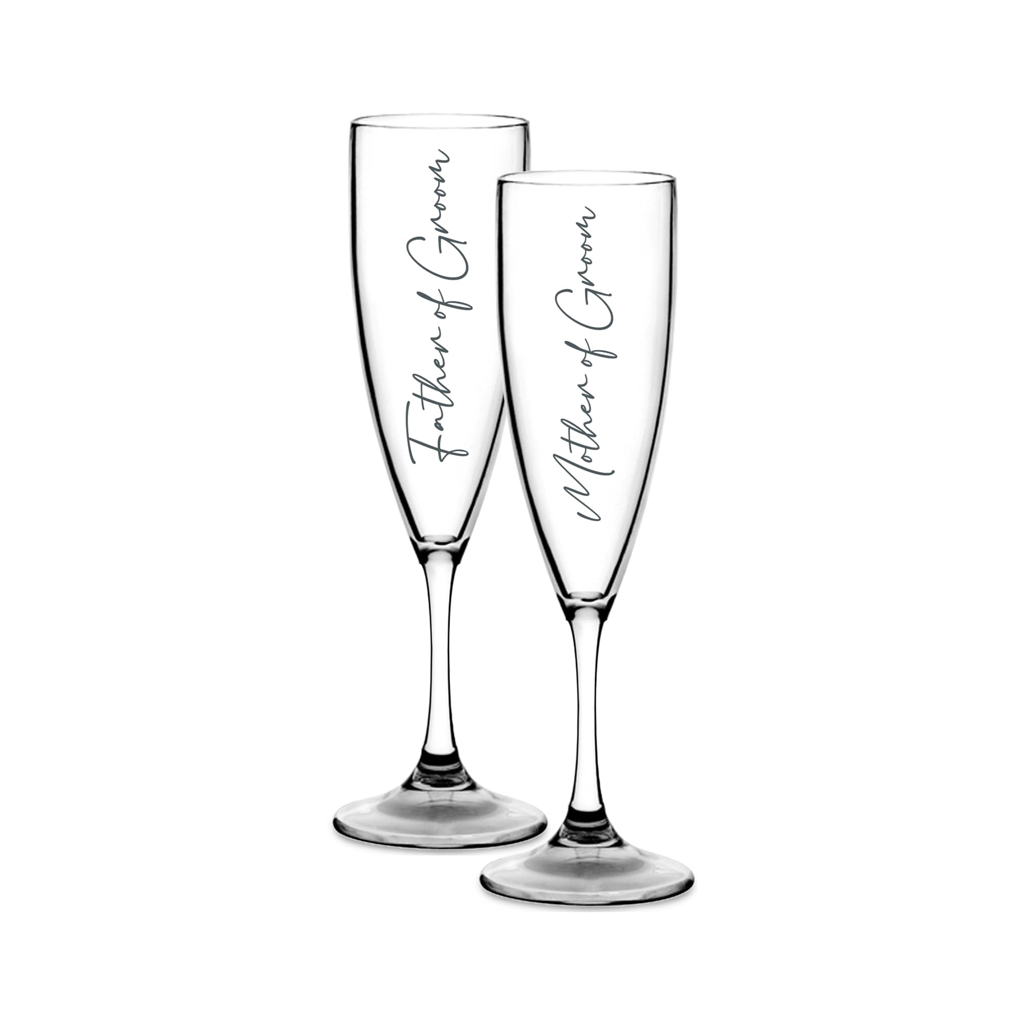 Print Maniacs Champagne Premium Clear Flute Glass Bride Groom Mr Mrs Wedding Maid Honour Wine Cocktail Prosecco Celebrations Gift (Grey, Mother + Father Groom Set)