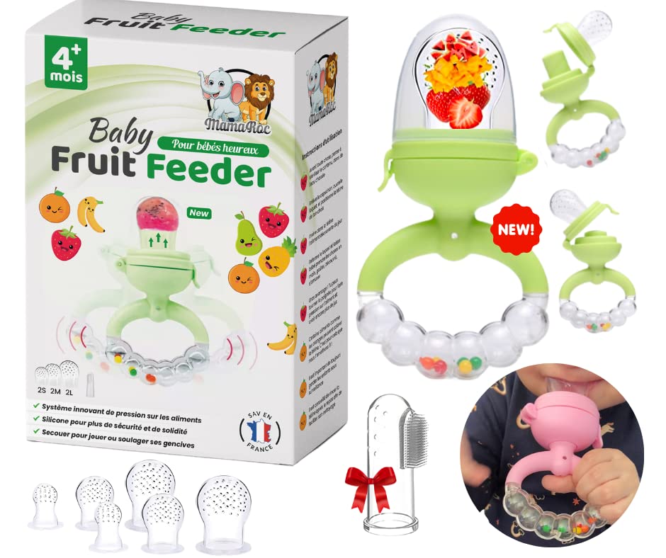 Mamaroc Sucette Grignoteuse rotative silicone - hochet tetine alimentaire bébé -tétine fruit -sans BPA -anneau dentition - jouet - cadeau brosse dents - diversification alimentaire (CE)