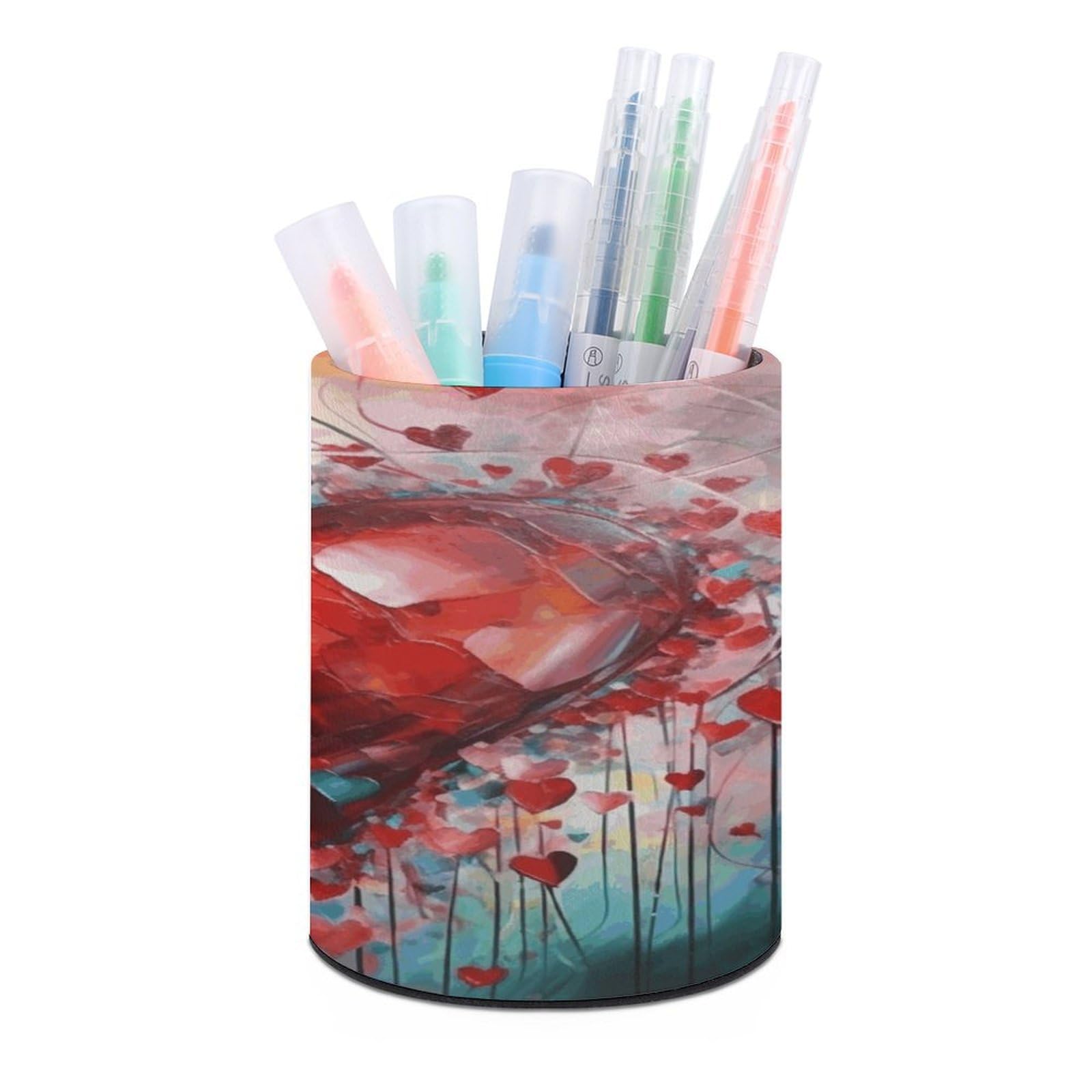 VstaDank - Abstract Heart Round Pen Holder Pencil Holder PU Leather Desk Organizer Holder for Brush and Scissors Decoration