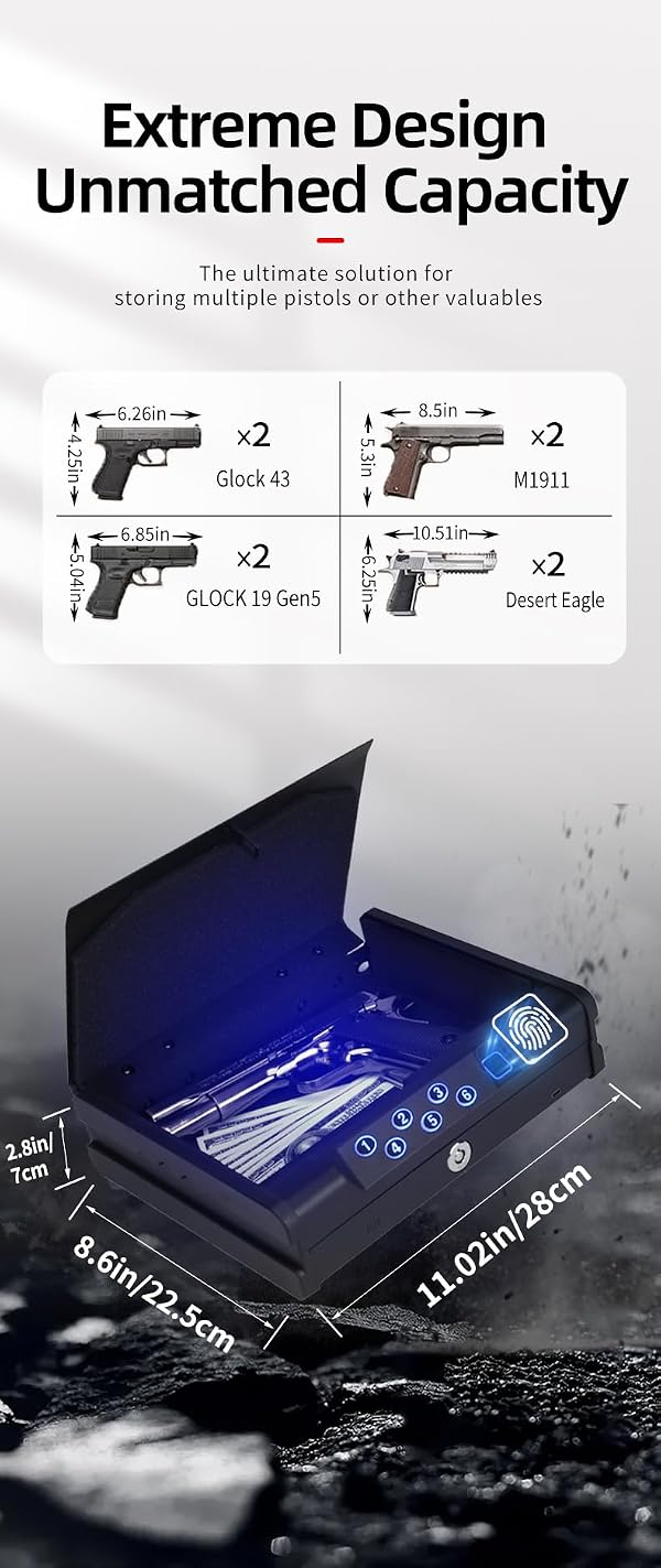 Biometric Gun Safe with 3 Unlock Ways - ≤0.1s Fast Fingerprint Access, Voice Prompt Function, Secure Steel Lockbox, Fits Handguns & Revolvers, Perfect for Living Room, Bedroom Storage & In-Car Use by Generic - Image 4