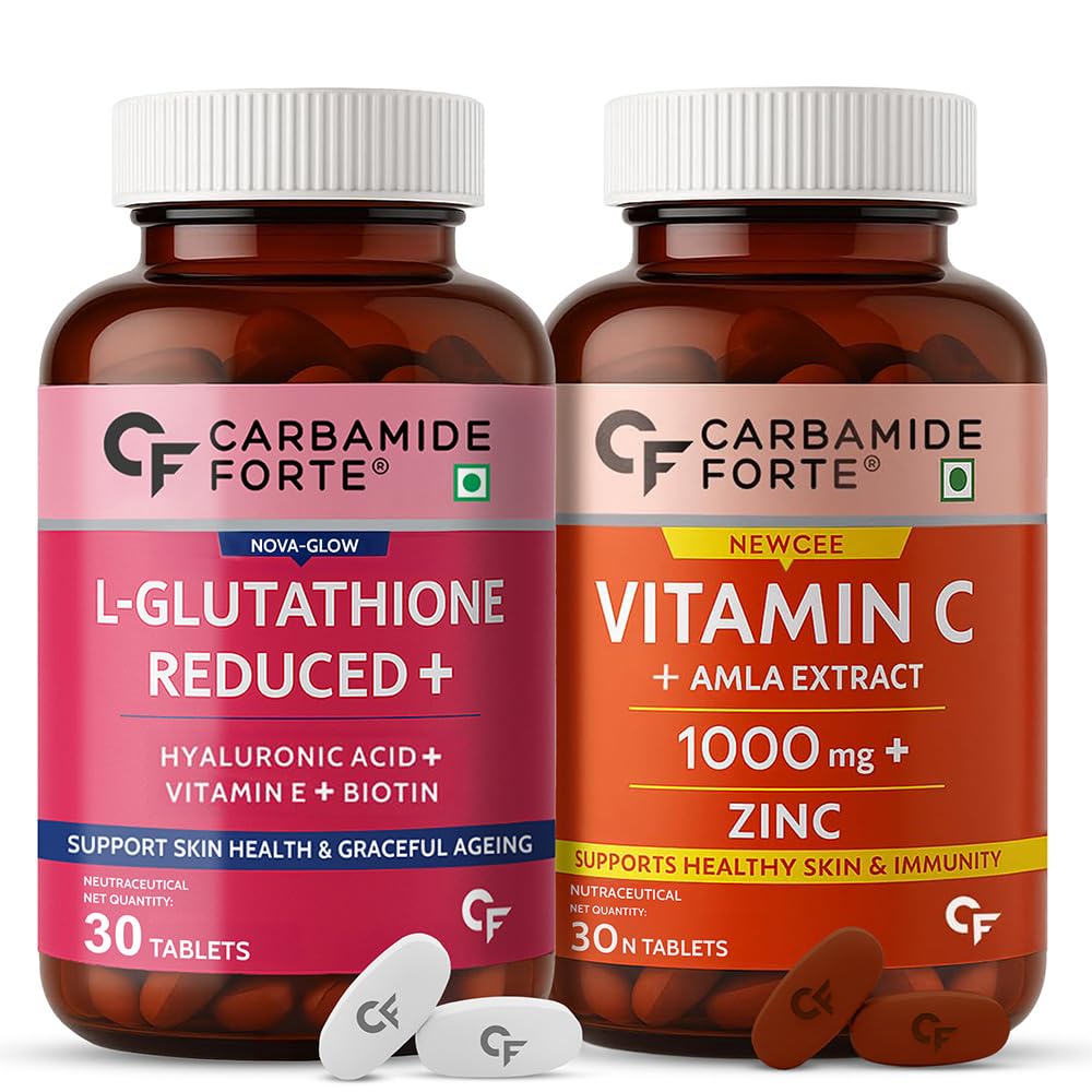 Carbamide Forte Japanese Reduced L Glutathione 500mg Tablets with Vitamin C from Amla Extract | Glutathione Supplements & Vitamin C Supplements – 30 Veg Tablets Each