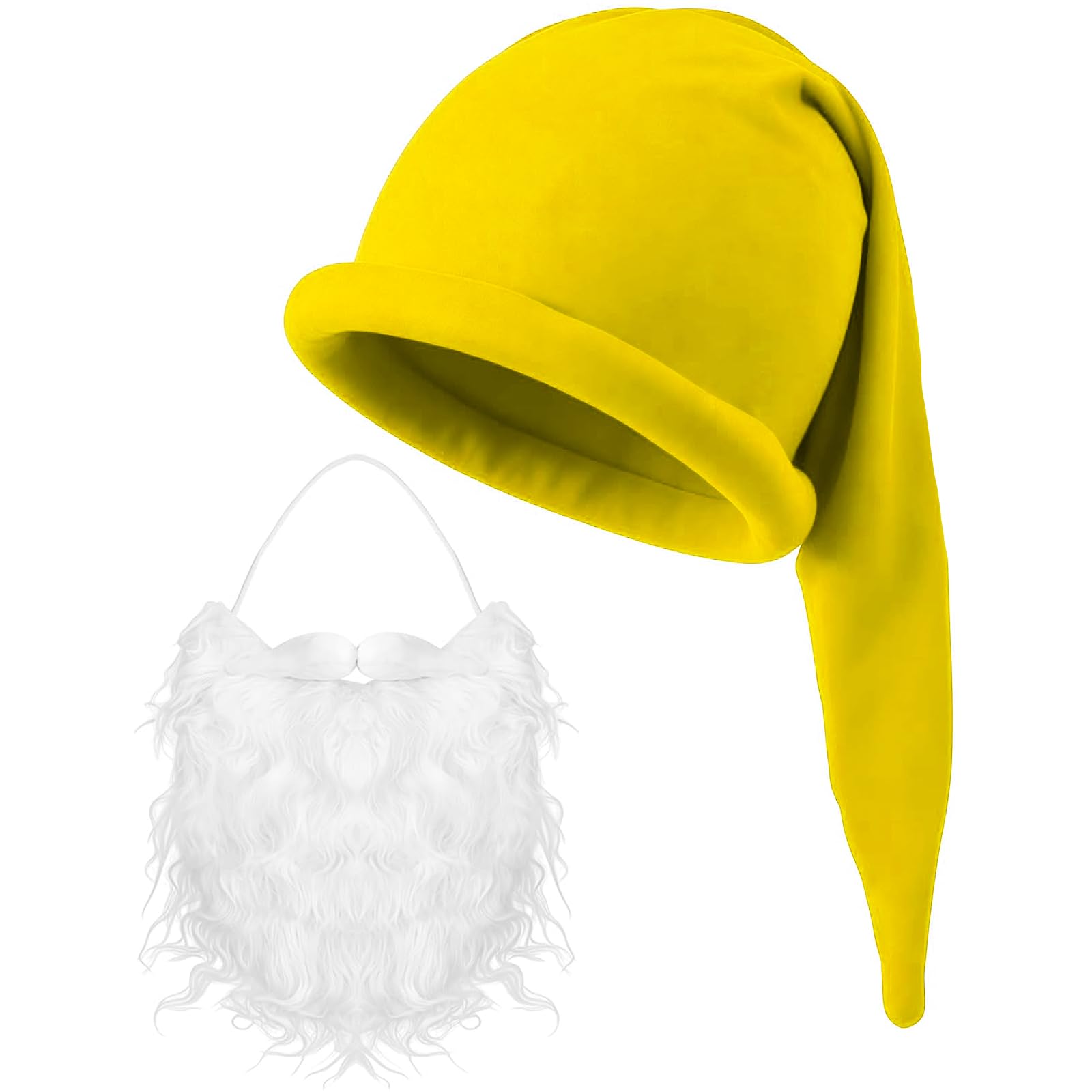 MEISH 2 Pcs Gnome Costume Sets Hats White Fake Beard Halloween Dwarf Cosplay Fancy Dress Christmas Party Hat Fairy Tale Outfits Thin Knit Slouchy Cap for Party Accessories(yellow)
