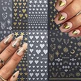 9 Sheets Chrome Nail Art Stickers Bronzing Star Moon Heart Nail Stiacker Self-Adhesive Metal Gold Silver Charm Decals for Acrylic Nail Tips Design False Nail Supplies for Women Manicure Decoration