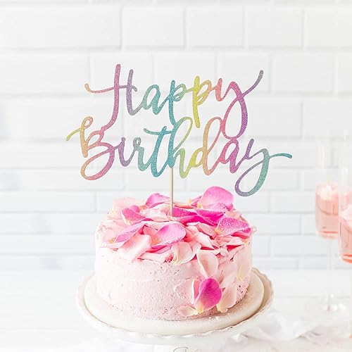 Miniatura 4 de Decoración de pastel de feliz cumpleaños arcoíris, suministros de decoración de fiesta de cumpleaños con purpurina