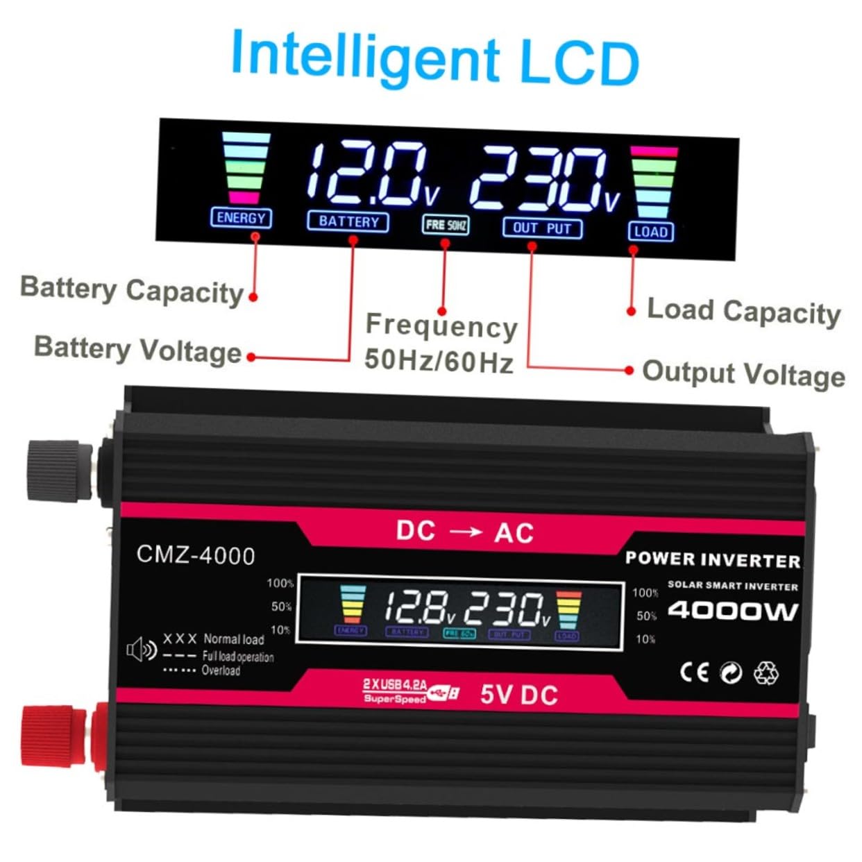 TOYANDONA Inversor de Coche Convertidor de Corriente Pantalla LCD Digital y USB para Uso Camping