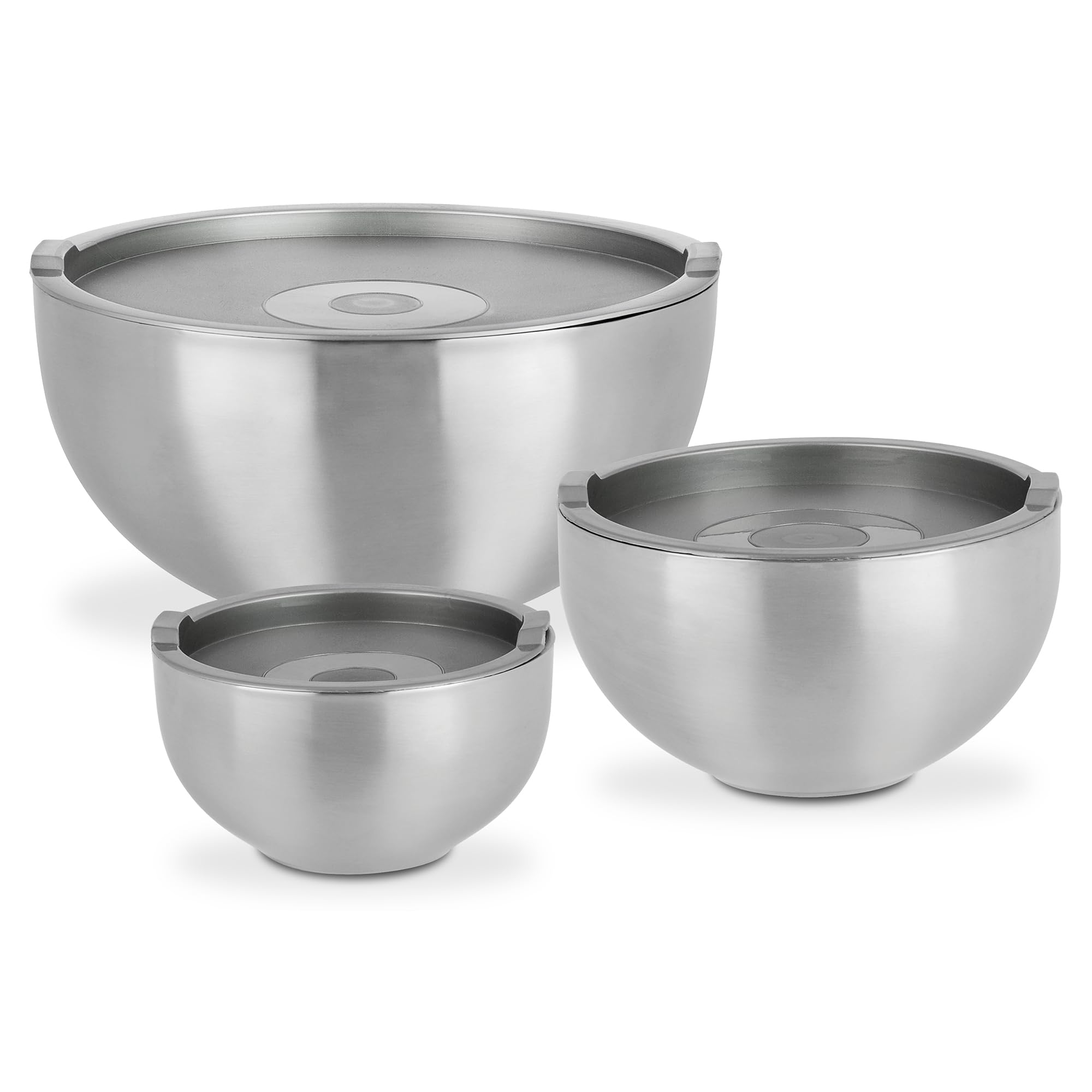 GSW Servier-Thermoschüssel – hochwertiges Servierschüssel-Set bestehend aus 3 Schüsseln mit Deckel, doppelwandige Isolierung warm und kalt – Edelstahl, rostfrei, 6-teilig, Silber