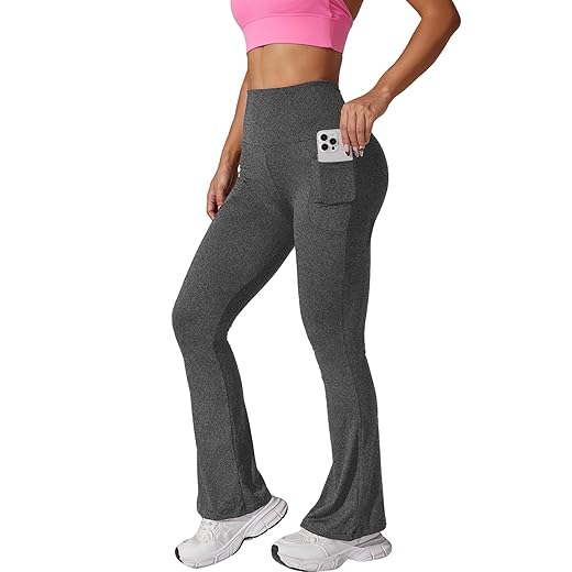 Calça feminina flare super macia com bolsos, leggings de cintura alta com controle de barriga para exercícios e ioga.