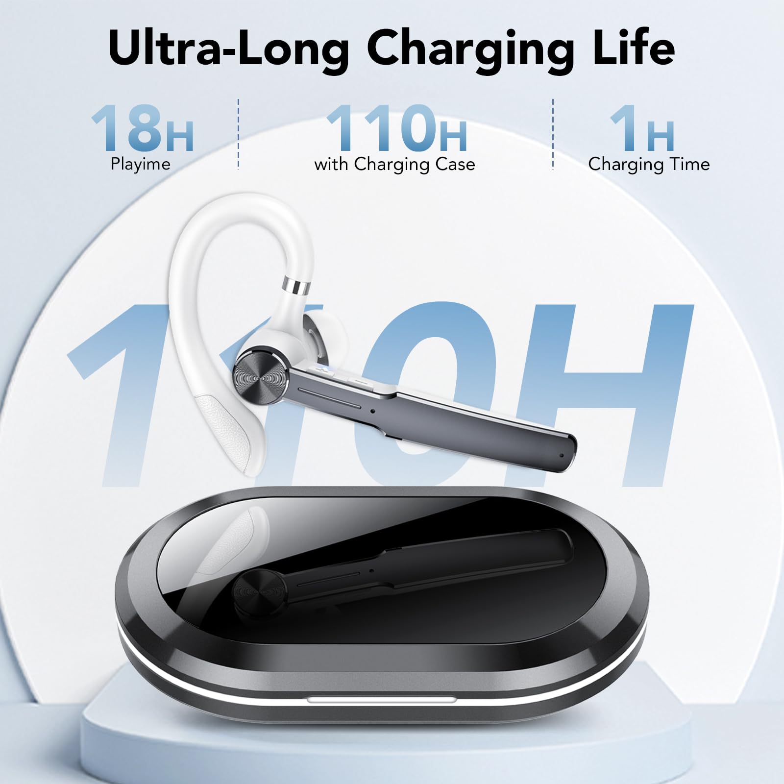 Auricolari Bluetooth V5.3 Singolo Con HD CVC8.0, 110 Ore Di Autonomia, 4 Mics, Riduzione Del Rumore, IPX7 Impermeabile, Per Guida/Lavoro