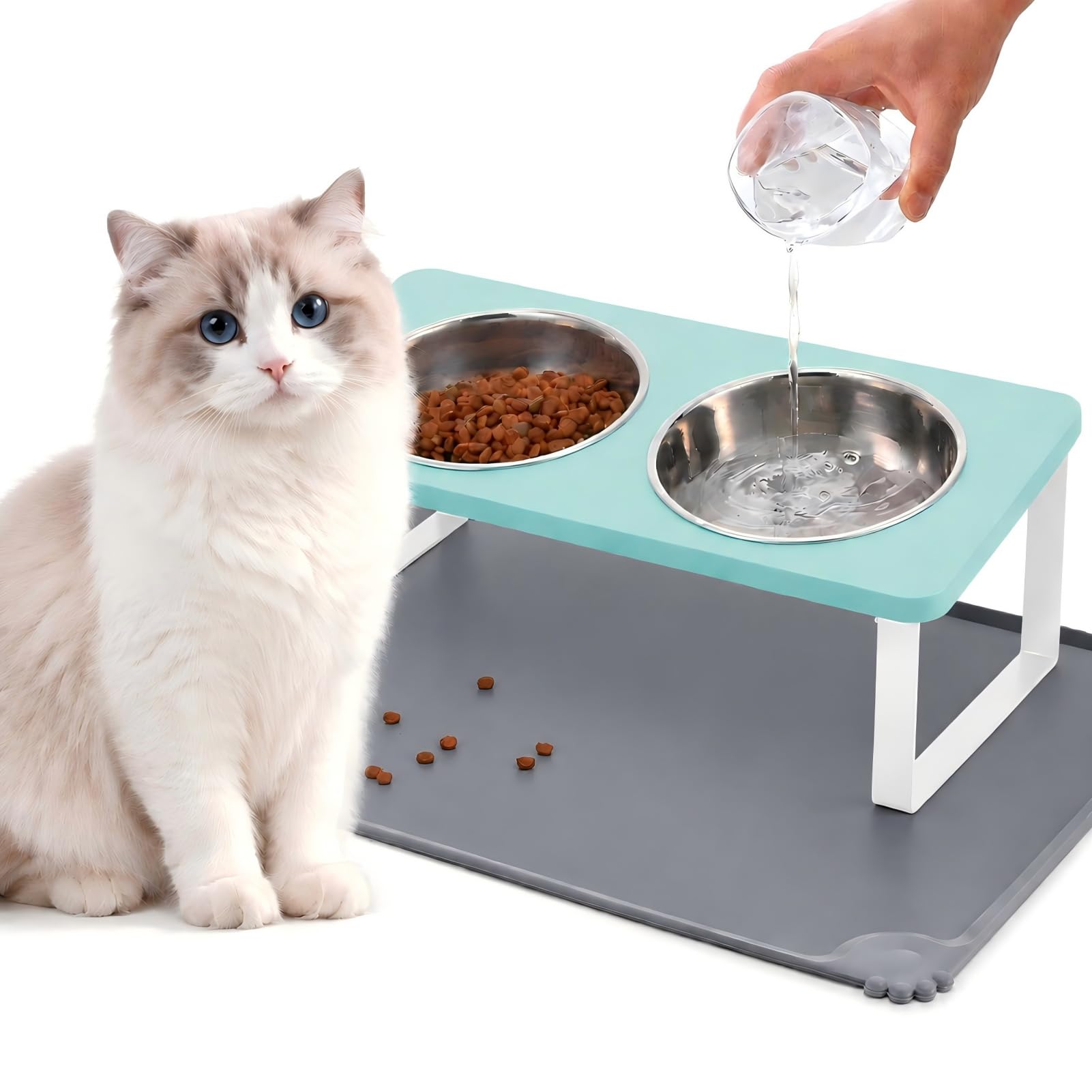 Summark Upgraded Elevated Cat Bowls with Food Mat,15°Tilted Stand Anti Vomiting Raised Cat Dishes for Food and Water,2 Stainless Steel Bowls for Cats and Puppy（Teal）