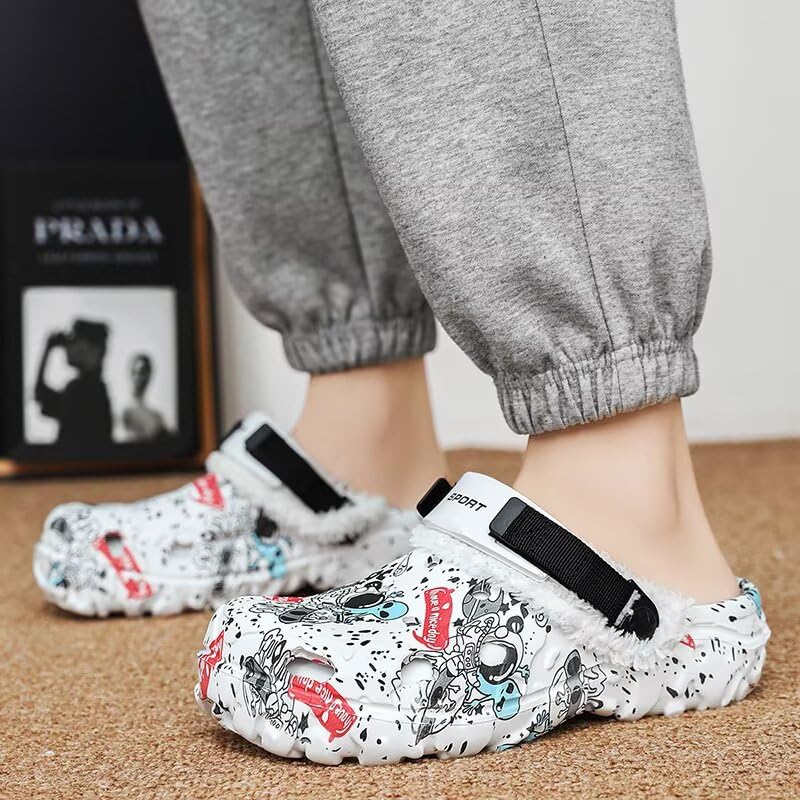 Image of Men's Printed Fuzzy Lined Clogs Winter Slip On Shoes | Warm Plush Lined Clog Shoes with Graphic Design, Lightweight Closed Toe Casual Footwear for Indoor Outdoor Wear