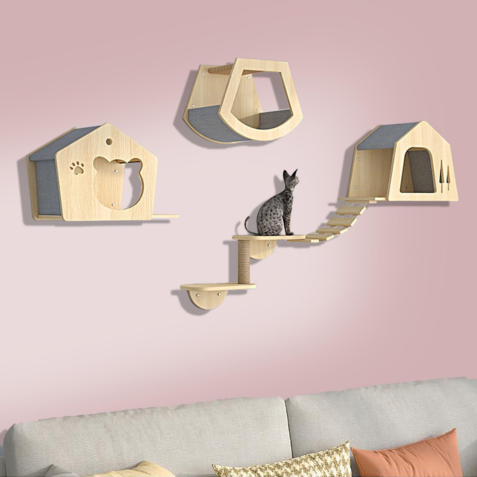 Mensole Gatti, Mobili per Gatti Montati a Parete in Pino, Set da 7 Pezzi, con Ripiani per Arrampicata, Trespoli, Ponte, Capsula Spaziale, Tiragraffi(5pcs)
