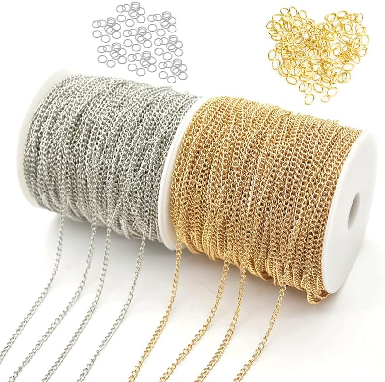 Jewelry Making Supplies – DIY Necklace & Bracelet Accessories with Silver & Gold Link Chains 5 Meter Each + Jump Rings for Jewellery Craft Making