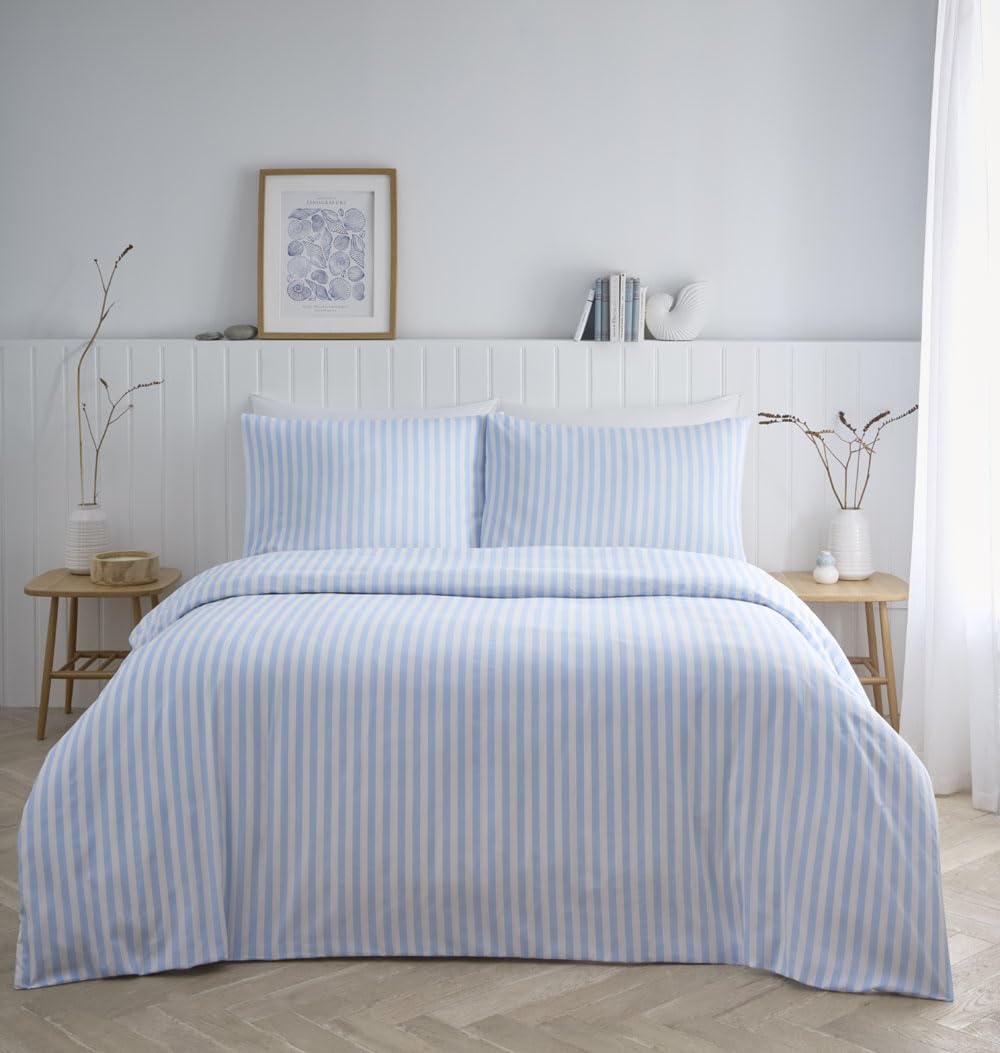 HOMEMAKER BEDDING Stripe Duvet Set, Pastel Colours, Polycotton, Double-Sided Print, with Pillowcases (Blue, Double)