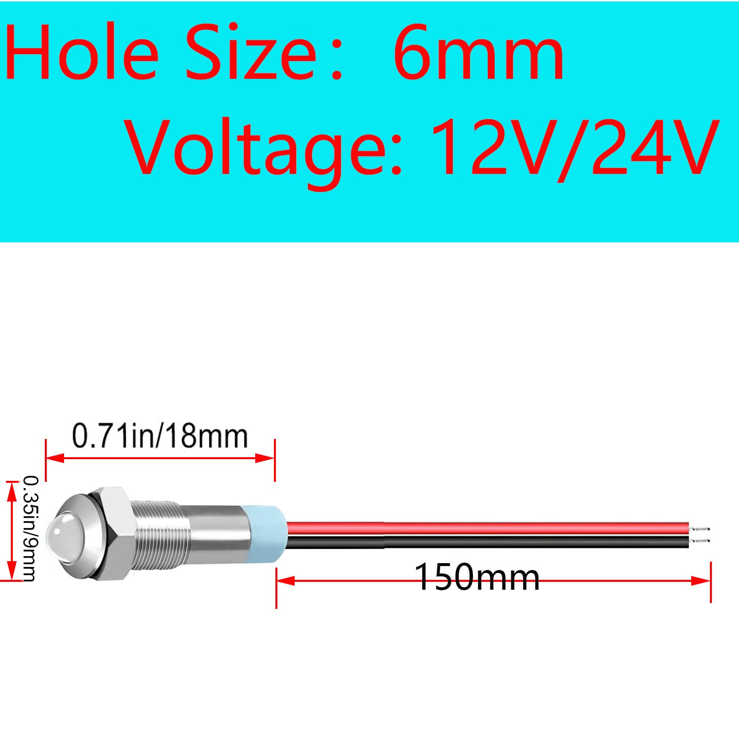 RUNCCI-YUN 10 pezzi 12 V-24 V 6 mm 1/4" DC LED in metallo, impermeabile, lampada di segnalazione (rotonda, bianco)