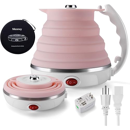 Travel Foldable Electric Kettle - Food Grade Silicone - Meonxy Collapsible Portable Tea Kettle - Boil Dry Protection - Dual Voltage and Separable Power Cord - 555ml - 110/220V