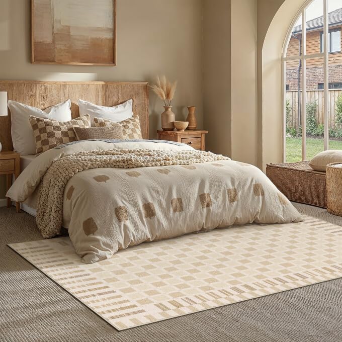 Beige 8x10 Area Rug for Living Room Neutral Machine Washable Large Checkered Rugs Non-Slip Stain Resistant Low Pile Boho Accent Indoor Office Throw Carpet for Bedroom Playroom Nursery