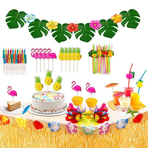 83 Piezas Decoraciones Para Fiestas Hawaianas, Falda de Mesa Hawaiana Hojas de...