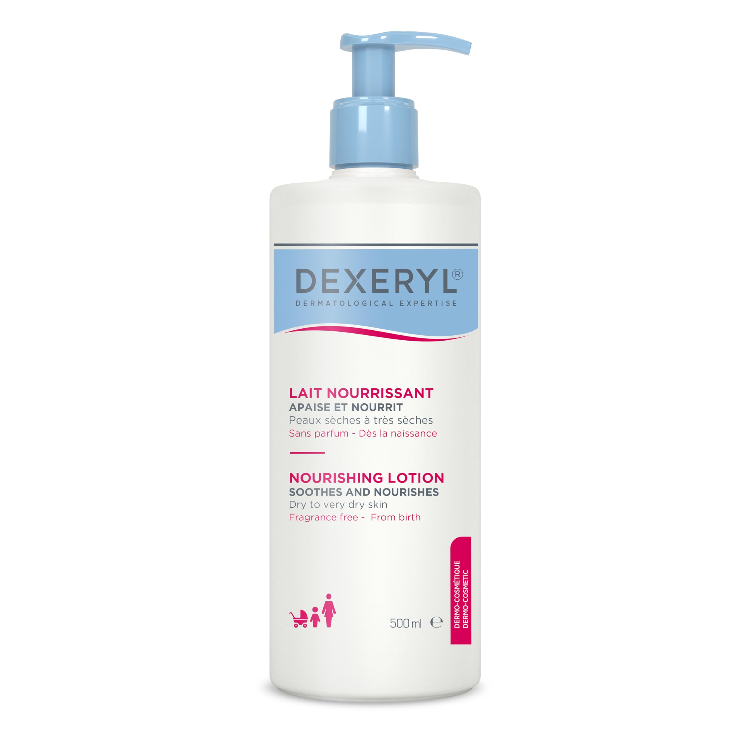 Dexeryl Pflegelotion: Pflegelotion für trockene und sehr trockene Haut, 24h Feuchtigkeit für Körper & Gesicht, beruhigt die Haut & reduziert Juckreiz, 500 ml