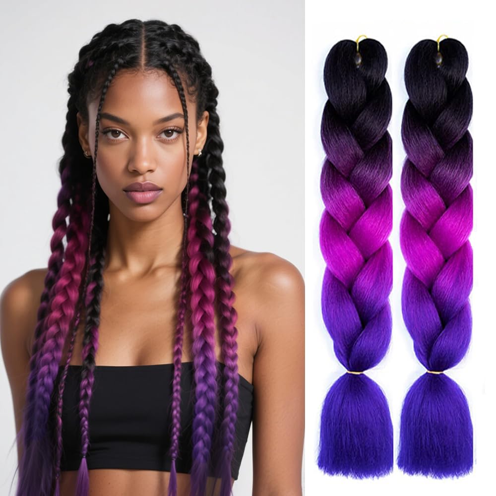 SHUOHAN 6 Packs Ombre Jumbo Braiding Hair Extensions 24 Inch High Temperature Synthetic Fiber Hair Extensions for Box Braids Braiding Hair (Black to