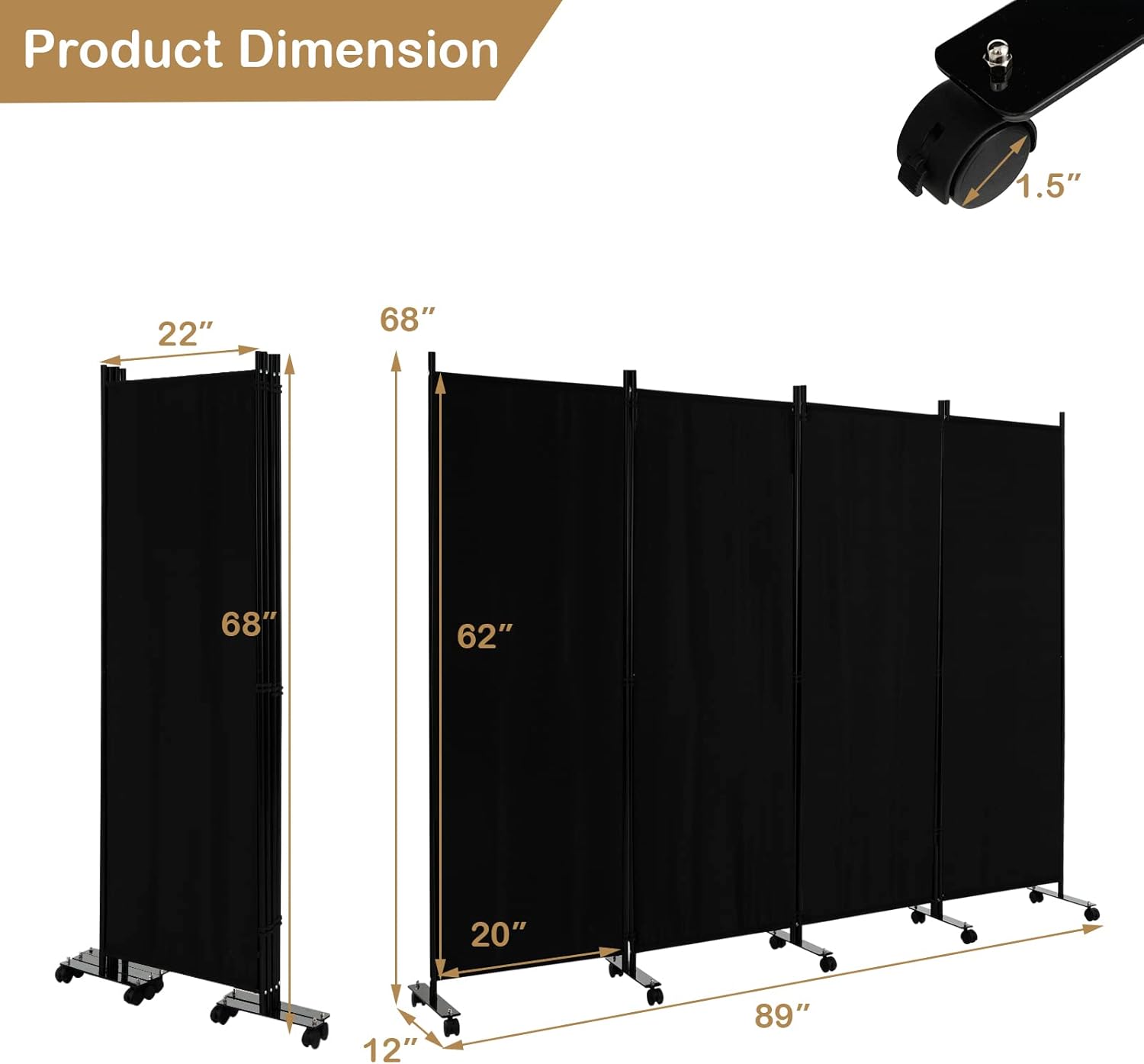 LDAILY 4 Panels Folding Room Divider, 6FT Tall Fabric Privacy Screen w/Metal Frame, Freestanding Partition Wall Divider w/Rolling Wheels for Bedroom, Dining Room, Office, Hospital (Black, 4-Panel)
