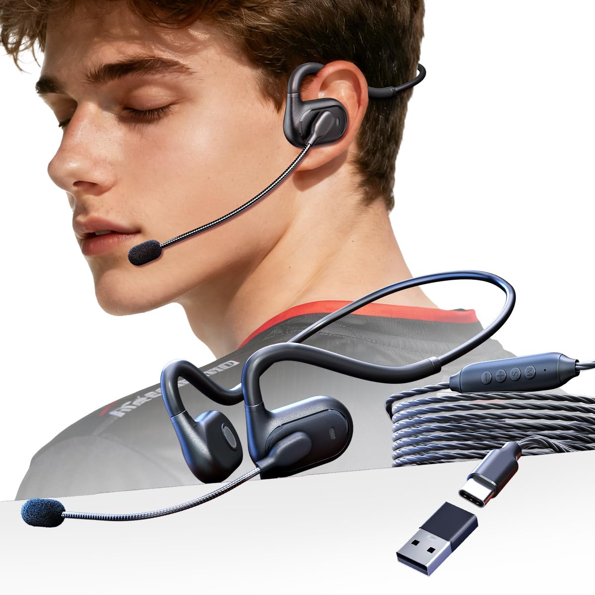 Pro Gaming zestaw słuchawkowy USB z technologią przewodzenia powietrza, odłączany mikrofon, czarny, podświetlenie LED, do gier komputerowych