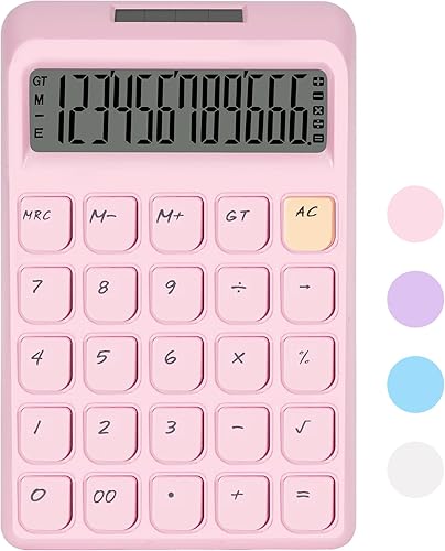 Calculadora linda, calculadoras de escritorio, botones grandes de calculadora rosa, doble potencia solar y de batería, pantalla LCD grande de 12