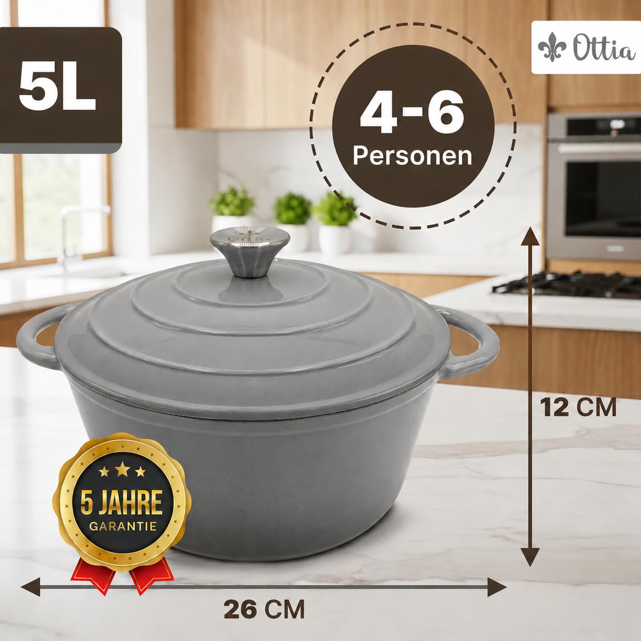 Ottia Gusseisen Topf [inkl. eBook] – Emaille Topf 26cm - Dutch Oven, Brotbackform, Brotbacktopf, Schmortopf Bräter mit Deckel, Bratentopf - auch für Induktion | Händler aus HH, Grau