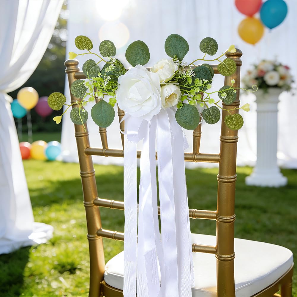 16 Stück Hochzeits Stuhl Rücken Blumen Künstliche Rosenblumen Satin-Stuhlschärpen stuhlschleifen stuhlbänder autoschleife Stuhldekoration für Hochzeit Party Geburtstag Weiß