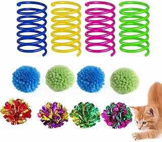 Aruiteng 12Pieces Cat Spiral Spring Toys,Plastic Coil Spiral Springs,Assorted Color Glitter Balls,Sparkle Small Pom Pom Balls,Lightweight Shiny Cat Crinkle Ball for Cat Dog Pet Toys Supplies