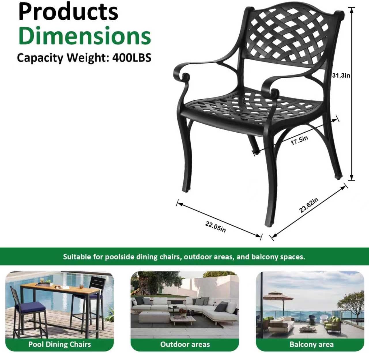 Cast Aluminum Patio Chairs of 2, Outdoor Dining Chairs Set, Aluminum Patio Chairs with Armrest for Garden, Backyard, Poolside, Balcony