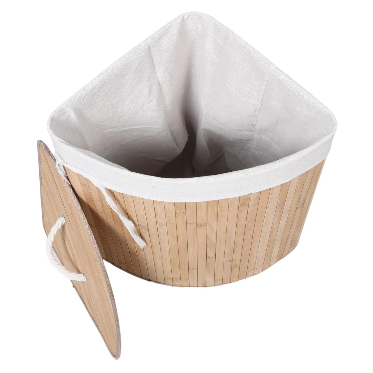 ABOOFAN Cesto Porta Biancheria Triangolare Design Salvaspazio ad Angolo in Bambù con Coperchio e Rivestimento Beige per Camera e Casa