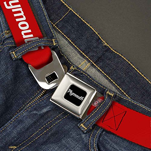 Buckle-Down Seatbelt Belt - PLYMOUTH Text Logo Red/White - 1.5" Wide - 24-38 Inches in Length2