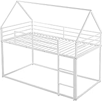 Vista 4 de Merax Litera baja moderna de metal pesado de tamaño individual sobre individual, base de litera Montessori con barandilla de longitud completa,