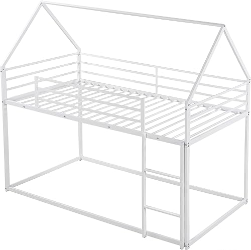 Miniatura 4 de Merax Litera baja moderna de metal pesado de tamaño individual sobre individual, base de litera Montessori con barandilla de longitud completa, no