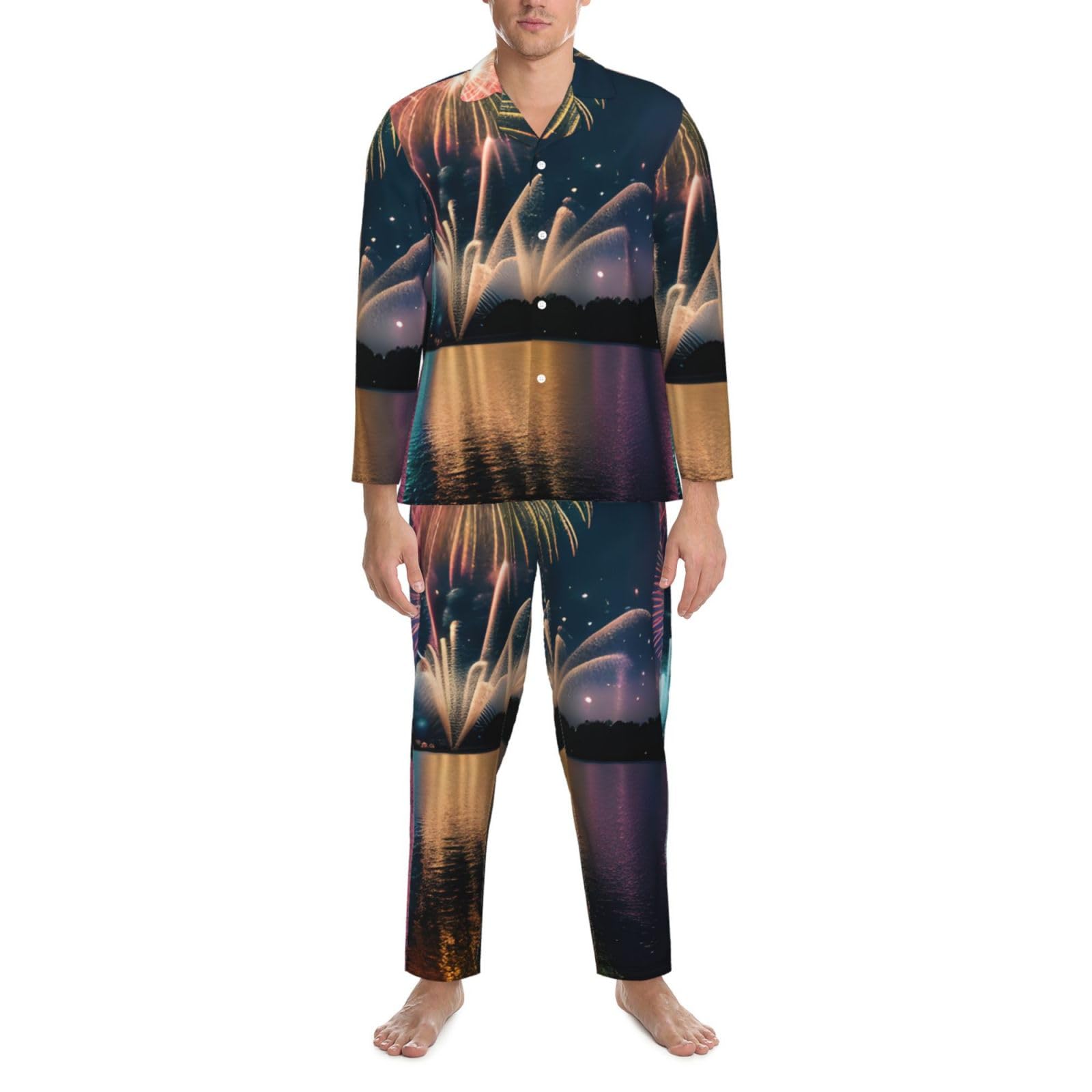 Herren-Pyjama-Set mit Feuerwerks-Aufdruck, langärmelig, zweiteilig, Hauskleidung, bequeme Nachtwäsche